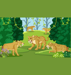 Saber Toothed Cat Group In The Forest