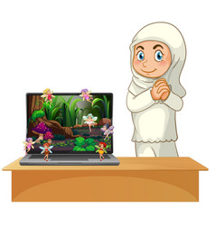 Muslim Girl Next To Laptop With Fairy Tale