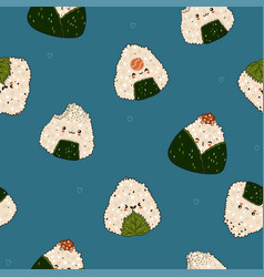 Seamless Pattern With Kawaii Onigiri On A Blue