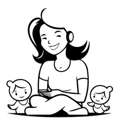 Mother With Two Children Happy Family In Cartoon