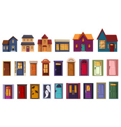 Night House Front Door Icons Set Cartoon