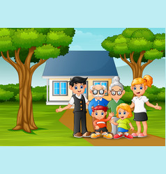 Cartoon Family In Front House Yard