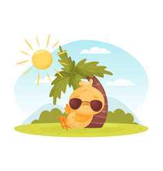 Cute Yellow Chicken In Sunglasses Sunbathing Under