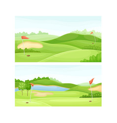 Set Of Golf Course With Green Lawn Pond Sand