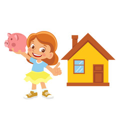 Girl Holding A Piggy Bank Points To House