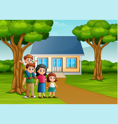 Cartoon Family In Front House Yard