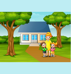 Happy Mother With Children In Front House Y