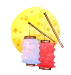 Chinese Lantern With Full Moon Watercolor