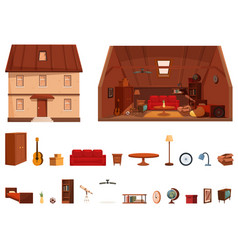 Garret Icons Set Cartoon Attic Loft House