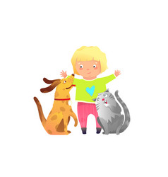 Blonde Toddler Girl Hugging Cat And Dog Playing