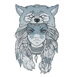 Native American Girl With Wolf Headdress