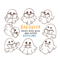 Halloween Cute Spooky Ghost With Book And Coffee