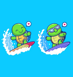 Cute Turtle Surfing On Wave Cartoon Icon