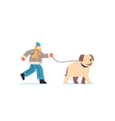 Guy In Mask Walking With Dog Child Having Winter