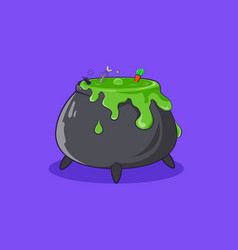 Witchs Cauldron With Green Herbs And Various Food