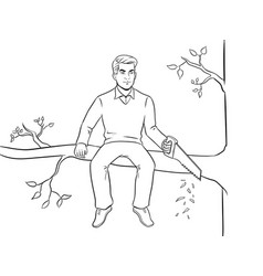 Man Sawing Tree Branch And Sit Coloring