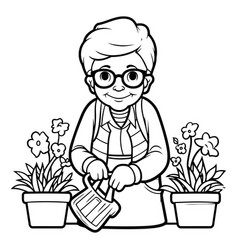 Outline Of A Senior Woman Watering Flowers