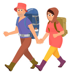 Happy Couple With Backpacks Cartoon Tourists