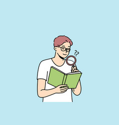 Spectacled Man Reading Book Using Magnifying Glass