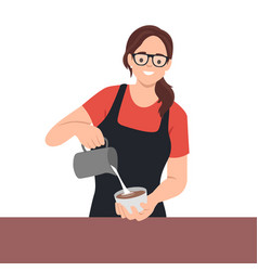 Smiling Barista Woman Serving Coffee Pour Milkin