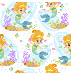 Seamless Pattern With Funny Mermaids And Fishes