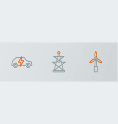 Set Line Wind Turbine Electric Car And Tower Icon