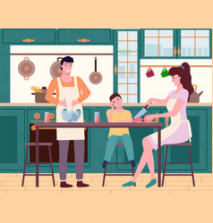 Happy Family Mom Dad And Son Cooking In Kitchen