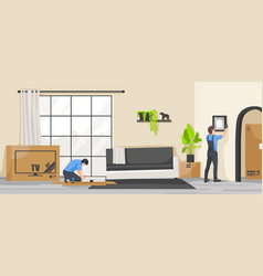 Cartoon Flat Interior Worker Moving Furniture