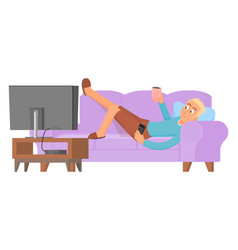 Home Rest Young Man Lay On Couch And Watch Tv