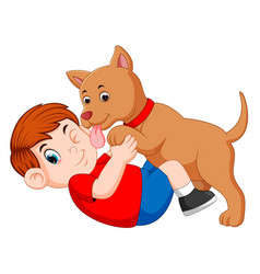 Boy Playing With Dog And Dog Licking His Owner