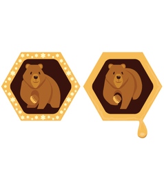 Cute little bear holding honey on tree stump Vector Image