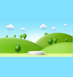 3d Summer Kid Podium With Green Grass And Trees