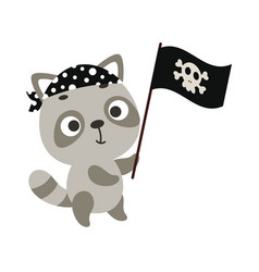 Cute Little Raccoon With Pirate Flag Cartoon