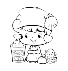 Black And White Cartoon Of Cute Little Girl Chef