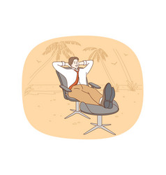 Happy Man Freelancer Relax In Chair On Beach