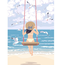 Young Woman In Straw Hat Swinging On Swing