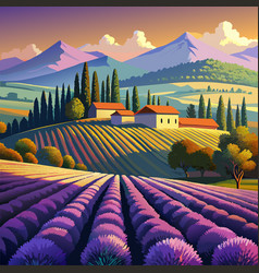 A Painting Of Field Lavender With House