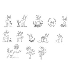 Big Set Deer Animal Cartoon With Flower Floral Han