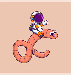 Happy Astronaut Riding A Big Worm Monster Cartoon