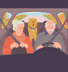 Elderly Couple Traveling By Car With Dog Flat