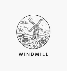 Minimalist Windmill Scenery Logo Line Art