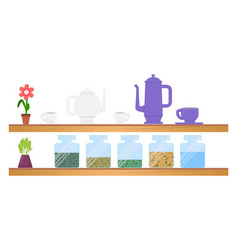 Kitchen Wooden Shelves With Dishware And Glass Jar