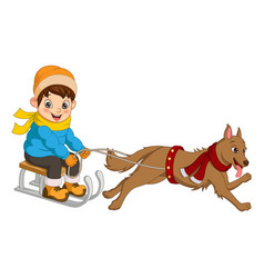 Cute Little Kid Rides Sledge Pulled A Dog