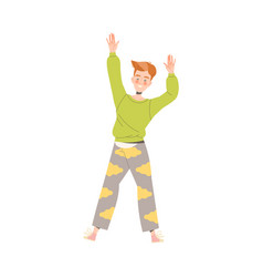 Happy Man Character In Green Sweater Raising Hands