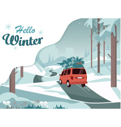 Winter Forest Landscape With Red Car