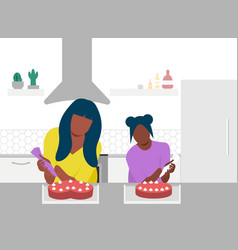 Mother And Daughter Cooking Cake On Kitchen Table