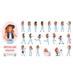 Hipster Girl Poses Set With Cartoon Pretty Female