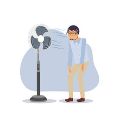 A Man In Front Of An Electric Fan On Hot Summer