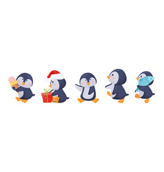 Cute Penguin Character With Happy Face Set