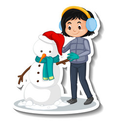 Girl Building A Snowman Cartoon Sticker